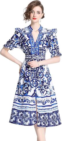 LAI MENG FIVE CATS Women's Button Up V-Neck Short Puff Sleeve Floral Print Split Casual Midi Dress in Kuwait