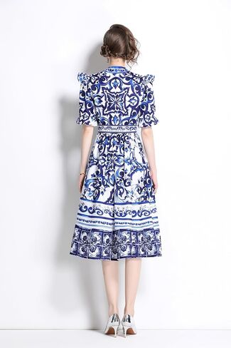 LAI MENG FIVE CATS Women's Button Up V-Neck Short Puff Sleeve Floral Print Split Casual Midi Dress in Kuwait