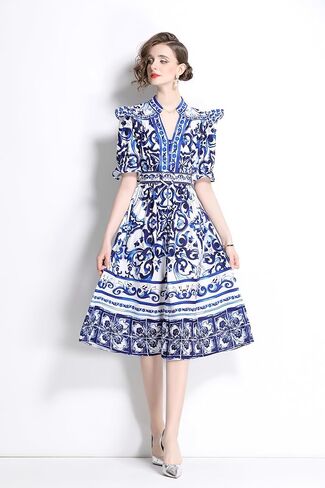 LAI MENG FIVE CATS Women's Button Up V-Neck Short Puff Sleeve Floral Print Split Casual Midi Dress in Kuwait