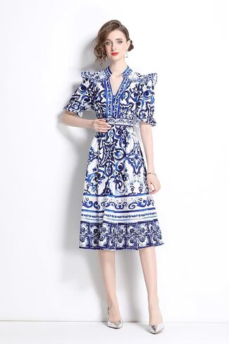 LAI MENG FIVE CATS Women's Button Up V-Neck Short Puff Sleeve Floral Print Split Casual Midi Dress in Kuwait