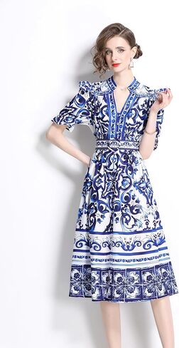 LAI MENG FIVE CATS Women's Button Up V-Neck Short Puff Sleeve Floral Print Split Casual Midi Dress in Kuwait