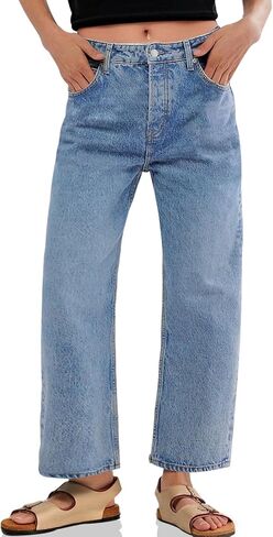 Cicy Bell Womens Baggy Horseshoe Jeans Boyfriend Wide Leg Vintage Mid Rise Cropped Denim Pants in Kuwait