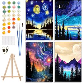 4 Pack Paint by Number Kit for Adults Framed Canvas, DIY Adult Paint by Number Kits with Easel, Acrylic Easy Paint by Numbers for Beginners, Sunset Beach Arts and Crafts for Home Decor 8x12inch