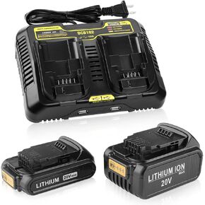 AYTXTG 2Pack 20V 3.5&6.5Ah بديلة لبطارية Dewalt 20V Max XR DCB205 DCB206 متوافقة مع سلسلة Dewalt DCD/DCF/DCG مع شاحن بطارية مزدوج المنفذ DCB102 20V