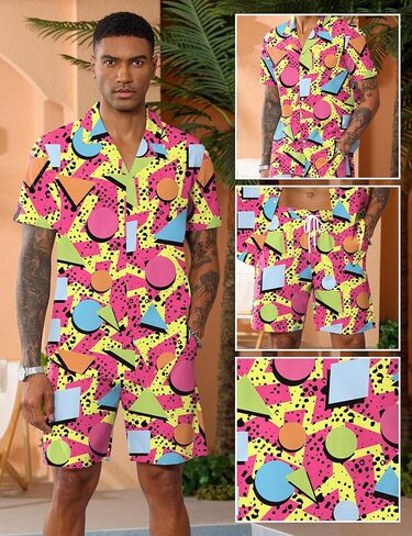 LecGee Men's Rave Outfits Hawaiian Shirts and Shorts Sets 2 Pieces Retro 80s 90s Outfit in Kuwait