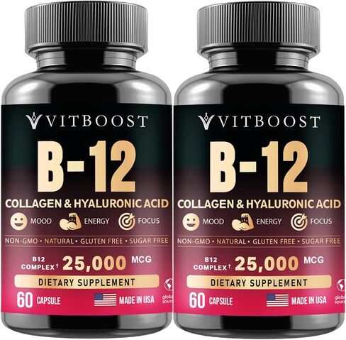 VITBOOST B12 مع حمض الهيالورونيك والكولاجين والفولات – 25000 ميكروجرام مكمل B12 ميثيل كوبالامين | تعظيم الامتصاص والطاقة | خالية من الغلوتين، مصنوعة في الولايات المتحدة الأمريكية، مركب B1، B2، B3، B6، B7 - 60 كبسولة in Kuwait