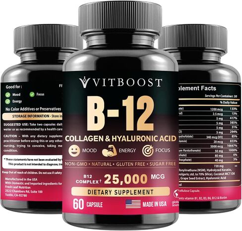 VITBOOST B12 مع حمض الهيالورونيك والكولاجين والفولات – 25000 ميكروجرام مكمل B12 ميثيل كوبالامين | تعظيم الامتصاص والطاقة | خالية من الغلوتين، مصنوعة في الولايات المتحدة الأمريكية، مركب B1، B2، B3، B6، B7 - 60 كبسولة in Kuwait