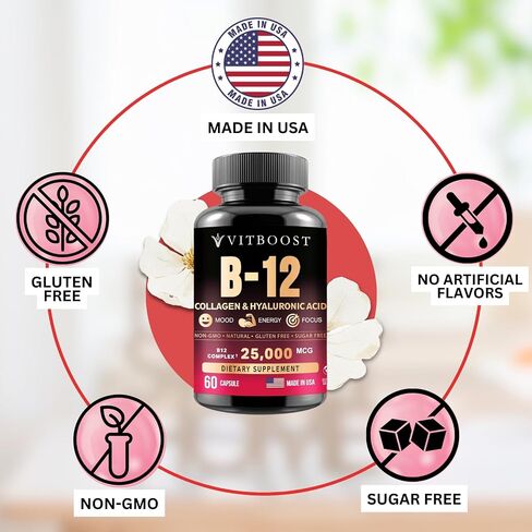 VITBOOST B12 مع حمض الهيالورونيك والكولاجين والفولات – 25000 ميكروجرام مكمل B12 ميثيل كوبالامين | تعظيم الامتصاص والطاقة | خالية من الغلوتين، مصنوعة في الولايات المتحدة الأمريكية، مركب B1، B2، B3، B6، B7 - 60 كبسولة in Kuwait