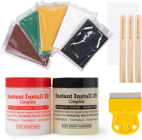 Instant Install 29– Permanent Granite Tile Marble Quartz Corian Porcelain Stone Repair Epoxy 20 Oz – Broken/Chips/Cracks – Reattaches/Rebuilds Missing Pieces – Dry in 29 Minutes! Tintable with EZ Tint in Kuwait