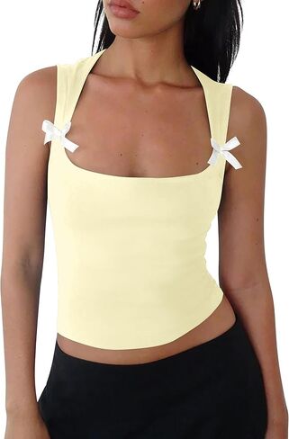 بلوزة نسائية Y2k بفيونكة بدون أكمام ورقبة سكوب قمصان قصيرة جمالية بفيونكة كامي قمصان بريبي ملابس صيفية للخروج in Kuwait