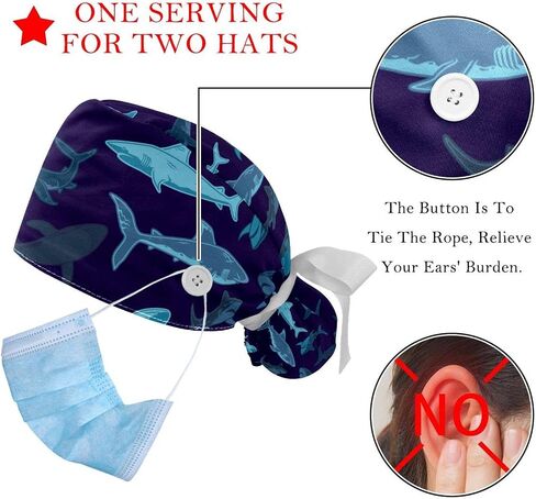 FFLOWER Cute Sharks Sea Blue Working Caps with Buttons, Long Hair Scrub Hats Ponytail Holder for Women, Multicoloured 10, One Size in Kuwait