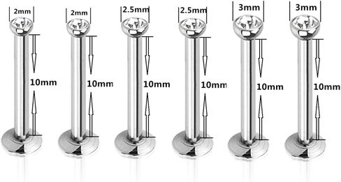 6pc Multi Size 16g 1.2mm Surgical Steel Internally Threaded Monroe Lip Bar CZ Crystal Labret Ring Ear Tragus Stud Body Piercing in Kuwait