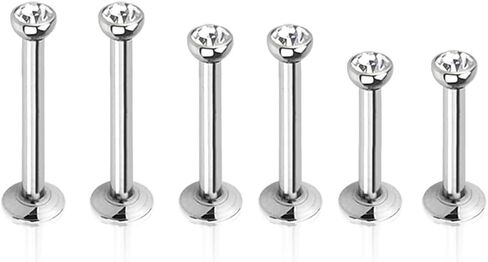 6pc Multi Size 16g 1.2mm Surgical Steel Internally Threaded Monroe Lip Bar CZ Crystal Labret Ring Ear Tragus Stud Body Piercing in Kuwait