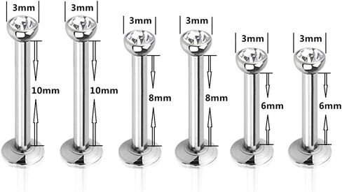 6pc Multi Size 16g 1.2mm Surgical Steel Internally Threaded Monroe Lip Bar CZ Crystal Labret Ring Ear Tragus Stud Body Piercing in Kuwait