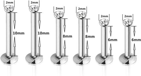 6pc Multi Size 16g 1.2mm Surgical Steel Internally Threaded Monroe Lip Bar CZ Crystal Labret Ring Ear Tragus Stud Body Piercing in Kuwait