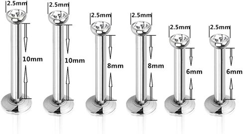 6pc Multi Size 16g 1.2mm Surgical Steel Internally Threaded Monroe Lip Bar CZ Crystal Labret Ring Ear Tragus Stud Body Piercing in Kuwait