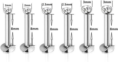 6pc Multi Size 16g 1.2mm Surgical Steel Internally Threaded Monroe Lip Bar CZ Crystal Labret Ring Ear Tragus Stud Body Piercing in Kuwait