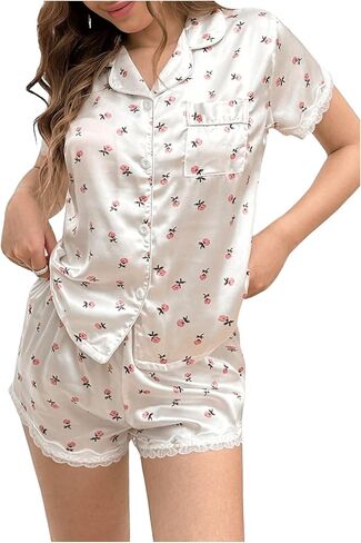 Verdusa Women's 2 Piece Satin Pajamas Short Sleeve Button Down Top and Shorts Set in Saudi Arabia