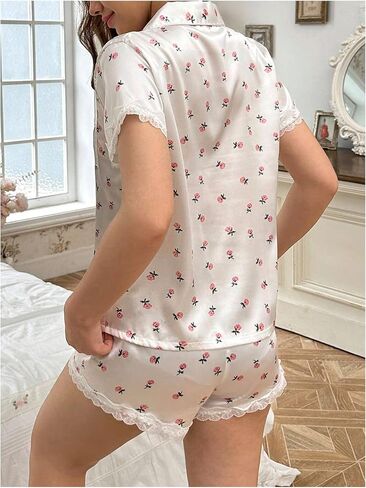 Verdusa Women's 2 Piece Satin Pajamas Short Sleeve Button Down Top and Shorts Set in Saudi Arabia
