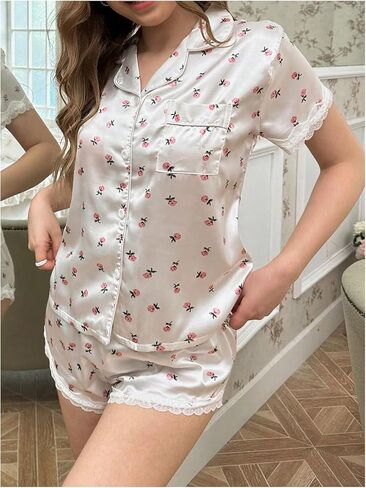 Verdusa Women's 2 Piece Satin Pajamas Short Sleeve Button Down Top and Shorts Set in Saudi Arabia