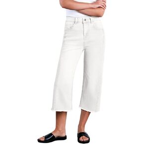 Sidefeel Women's Capri Jeans High Waisted Wide Leg Stretchy Raw Hem Side Seam Denim Pants in Kuwait