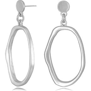 Gold Earrings for Women 14k Gold Plated Geometric Dangle Earrings Lightweight Minimalist Handmade Hammered Texture Oval Disc Drop Double-layer Big Hoop Dangle Earrings for Women in Kuwait