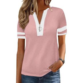 Hilinker Women's Short Sleeve T Shirts Zipper Tops Tee Color Block Casual Summer Loose Fit Blouses in Kuwait