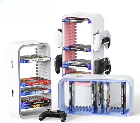 wigmoa Game Storage Tower【15.8INCH】 Compatible with PS5/ Xbox Series S & X/Switch, Universal Video Games Discs Organizers 18 PCS with 4 Controllers Holder, Game Disk Rack Shelf. OYO-1 (White/Blue) in Kuwait