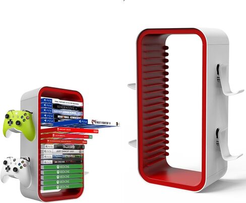 wigmoa Game Storage Tower【15.8INCH】 Compatible with PS5/ Xbox Series S & X/Switch, Universal Video Games Discs Organizers 18 PCS with 4 Controllers Holder, Game Disk Rack Shelf. OYO-1 (White/Blue) in Kuwait