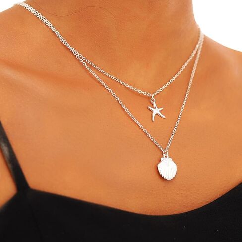Yalice Layered Starfish Necklace Chain Boho Shell Pendant Necklaces Beach Surfer Costume Jewelry for Women in Kuwait