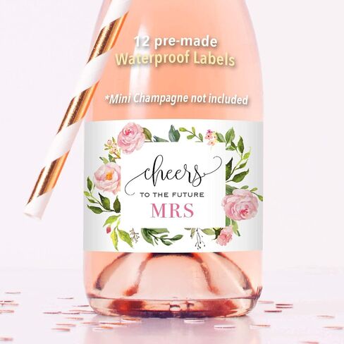 Set of 12 Burgundy Pink Floral Bridal Shower Mini Champagne Bottle Labels, WATERPROOF Polyester Mini Wine Bottle Labels, Cheers to the Future Mrs, Bachelorette Party in Saudi Arabia