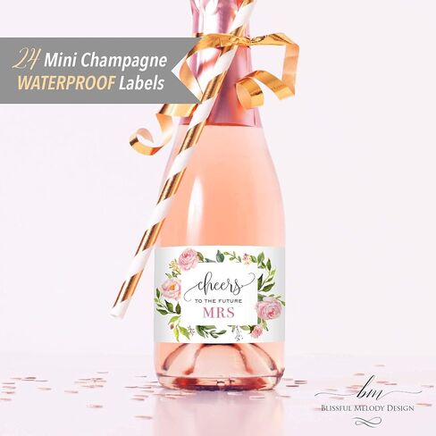 Set of 12 Burgundy Pink Floral Bridal Shower Mini Champagne Bottle Labels, WATERPROOF Polyester Mini Wine Bottle Labels, Cheers to the Future Mrs, Bachelorette Party in Saudi Arabia