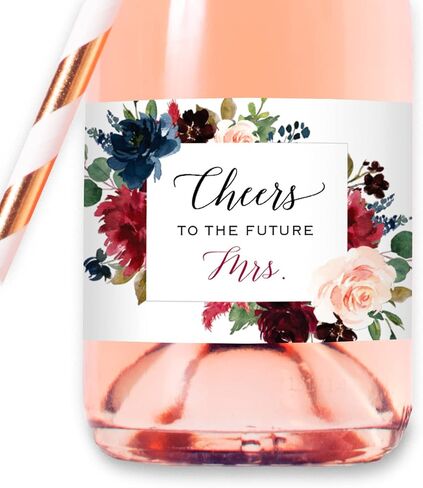 Set of 12 Burgundy Pink Floral Bridal Shower Mini Champagne Bottle Labels, WATERPROOF Polyester Mini Wine Bottle Labels, Cheers to the Future Mrs, Bachelorette Party in Saudi Arabia
