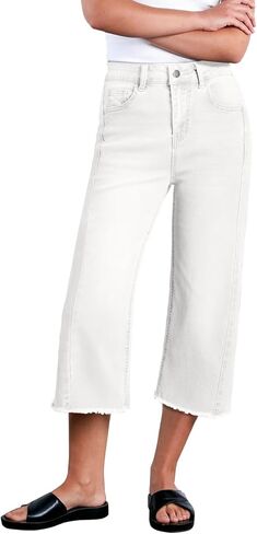 Sidefeel Women's Capri Jeans High Waisted Wide Leg Stretchy Raw Hem Side Seam Denim Pants in Kuwait