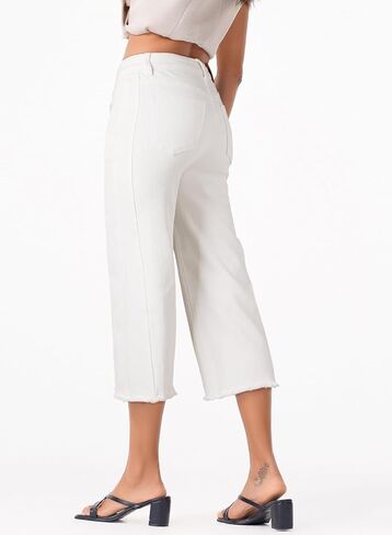 Sidefeel Women's Capri Jeans High Waisted Wide Leg Stretchy Raw Hem Side Seam Denim Pants in Kuwait