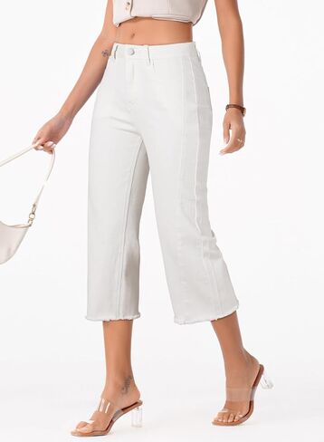 Sidefeel Women's Capri Jeans High Waisted Wide Leg Stretchy Raw Hem Side Seam Denim Pants in Kuwait