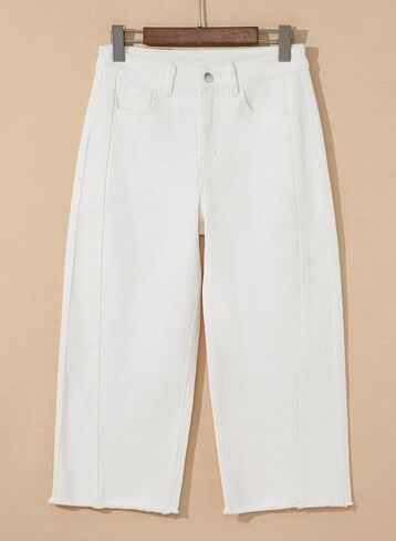 Sidefeel Women's Capri Jeans High Waisted Wide Leg Stretchy Raw Hem Side Seam Denim Pants in Kuwait