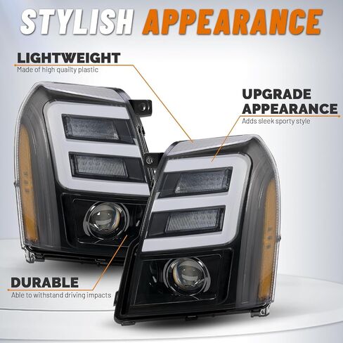 KUAFU LED Projector Headlights Compatible with 2007-2014 Cadillac Escalade ESV EXT DRL Tube Bar Head Lights Lamps Assembly Clear Lens Driver & Passenger Side in Kuwait
