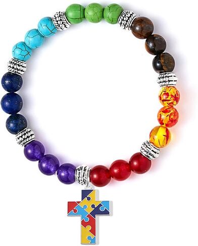 Dreuyet Autism Awareness Bracelet 7 Chacarat Bead Lace Bracelet Red Ribbon Charm Bracelets Healing Chakra Crystal Bracelets Puzzle Piece Jewelry Gifts in Saudi Arabia