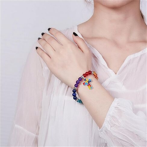 Dreuyet Autism Awareness Bracelet 7 Chacarat Bead Lace Bracelet Red Ribbon Charm Bracelets Healing Chakra Crystal Bracelets Puzzle Piece Jewelry Gifts in Saudi Arabia