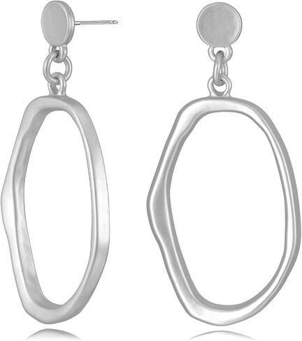 Gold Earrings for Women 14k Gold Plated Geometric Dangle Earrings Lightweight Minimalist Handmade Hammered Texture Oval Disc Drop Double-layer Big Hoop Dangle Earrings for Women in Kuwait