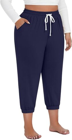 Ficerd 3 Pack Women's Plus Size Capri Sweatpants Cotton Drawstring Joggers Cropped Athletic Lounge Pants Comfy with Pockets in Kuwait