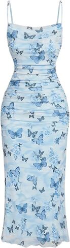 Verdusa Women's Butterfly Print Ruched Bodycon Dress Ruched Backless Cami Maxi Dress in Kuwait