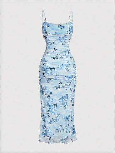 Verdusa Women's Butterfly Print Ruched Bodycon Dress Ruched Backless Cami Maxi Dress in Kuwait