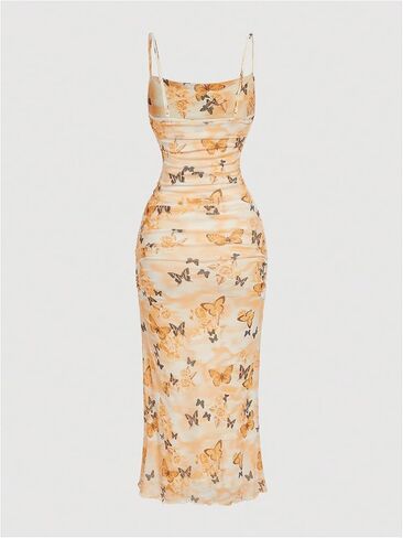 Verdusa Women's Butterfly Print Ruched Bodycon Dress Ruched Backless Cami Maxi Dress in Kuwait