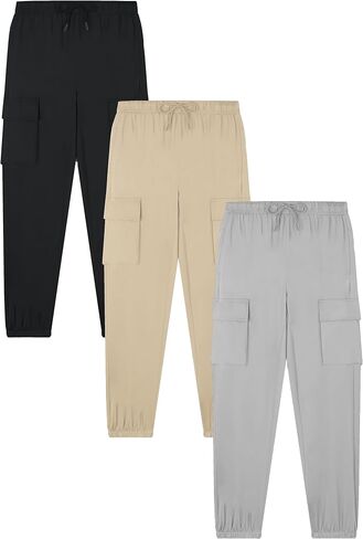 EXARUS 3 Pack Boys Cargo Joggers Pants Lightweight Drawstring Elastic Waist Quick Dry Athletic Hiking 6-14Y in Kuwait
