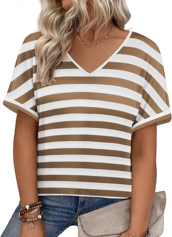 IN'VOLAND Plus Size Tops Short Sleeve Tee Shirt V Neck Loose Fit Striped Loose Casual T Shirt Summer Blouses in Kuwait