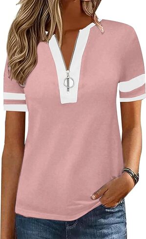 Hilinker Women's Short Sleeve T Shirts Zipper Tops Tee Color Block Casual Summer Loose Fit Blouses in Kuwait