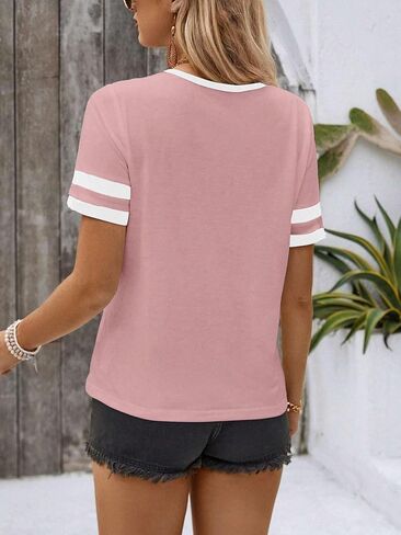 Hilinker Women's Short Sleeve T Shirts Zipper Tops Tee Color Block Casual Summer Loose Fit Blouses in Kuwait