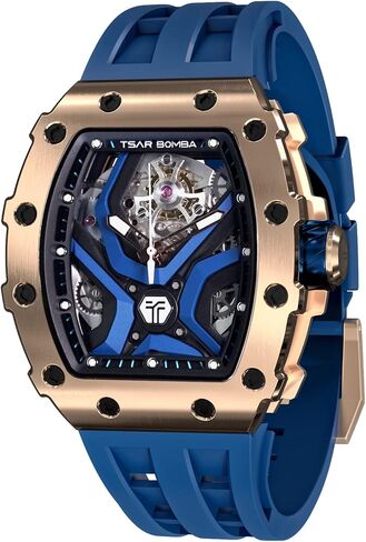 TSAR BOMBA Automatic Watch for Men, 50M Waterproof Tonneau Mens Watches, Luxury Mechanical Skeleton Analog Watches, Silicone Watch Bands Black Watch, Christmas Gifts for Men in Kuwait